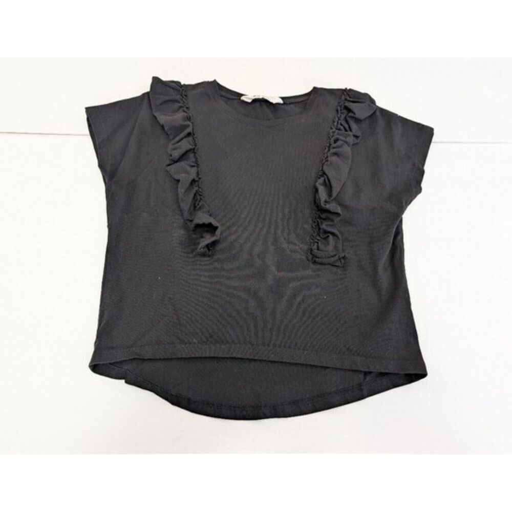 H&M Girls 8/10 Black Ruffle Crew Neck Short Sleeve Cotton Tee Shirt Top - Picture 4 of 8